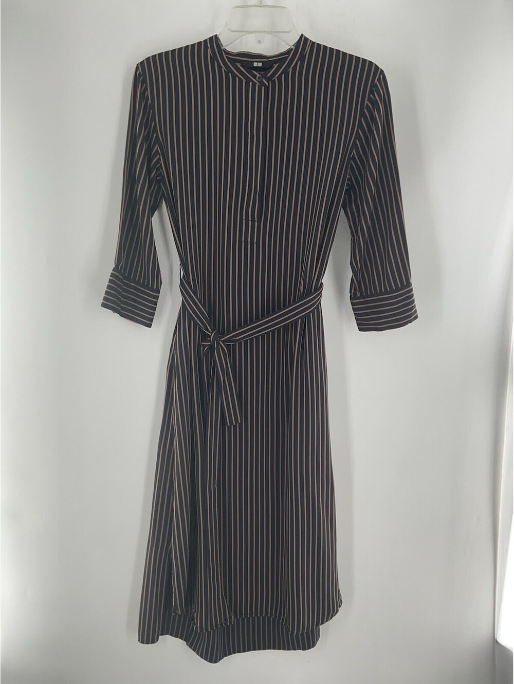 Uniqlo Women’s Collared Striped Dress Size Small Navy Blue And Brown Tie 138